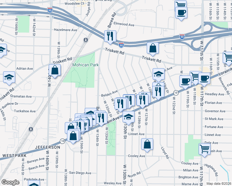 map of restaurants, bars, coffee shops, grocery stores, and more near 3398 West 131st Street in Cleveland