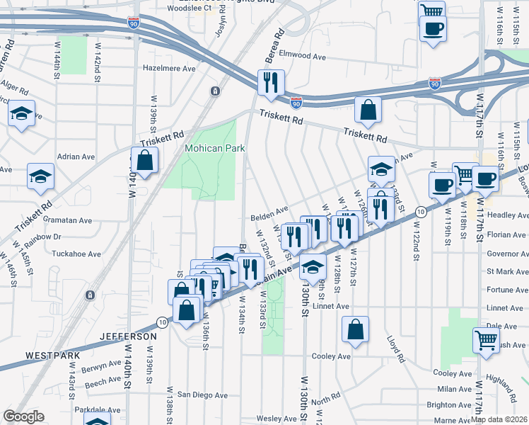 map of restaurants, bars, coffee shops, grocery stores, and more near 3398 West 131st Street in Cleveland