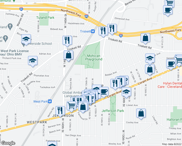 map of restaurants, bars, coffee shops, grocery stores, and more near 3403 West 136th Street in Cleveland