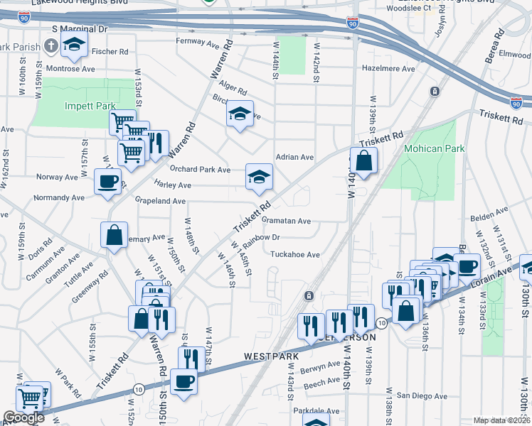 map of restaurants, bars, coffee shops, grocery stores, and more near 3405 West 144th Street in Cleveland