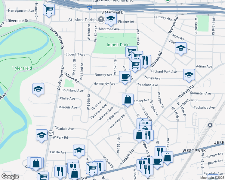 map of restaurants, bars, coffee shops, grocery stores, and more near 3419 West 157th Street in Cleveland