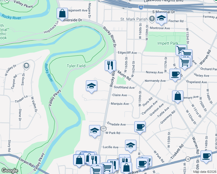 map of restaurants, bars, coffee shops, grocery stores, and more near 3419 Rocky River Drive in Cleveland