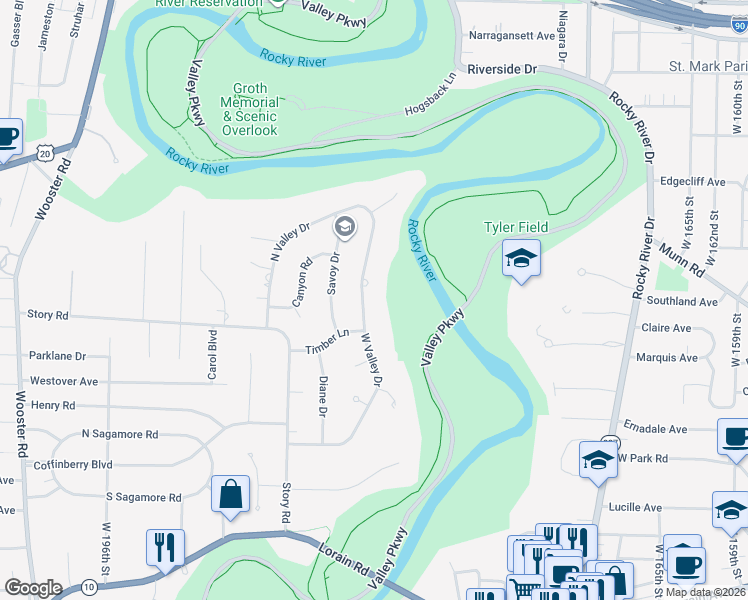 map of restaurants, bars, coffee shops, grocery stores, and more near 3931 West Valley Drive in Fairview Park
