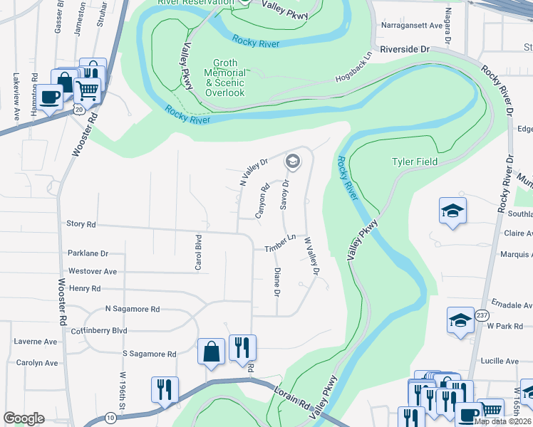 map of restaurants, bars, coffee shops, grocery stores, and more near 18869 Canyon Road in Fairview Park