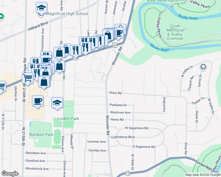 map of restaurants, bars, coffee shops, grocery stores, and more near 19555 Story Road in Rocky River