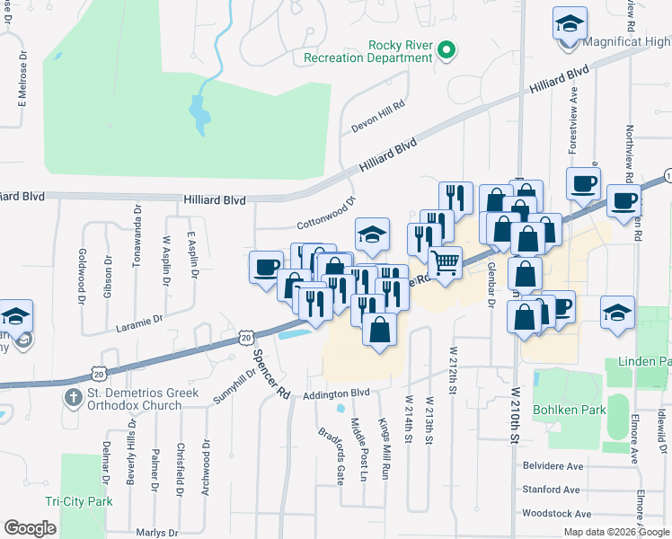 map of restaurants, bars, coffee shops, grocery stores, and more near 21690 River Oaks Drive in Rocky River