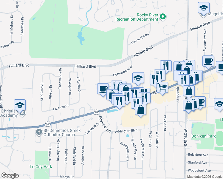 map of restaurants, bars, coffee shops, grocery stores, and more near 21980 Center Ridge Road in Rocky River