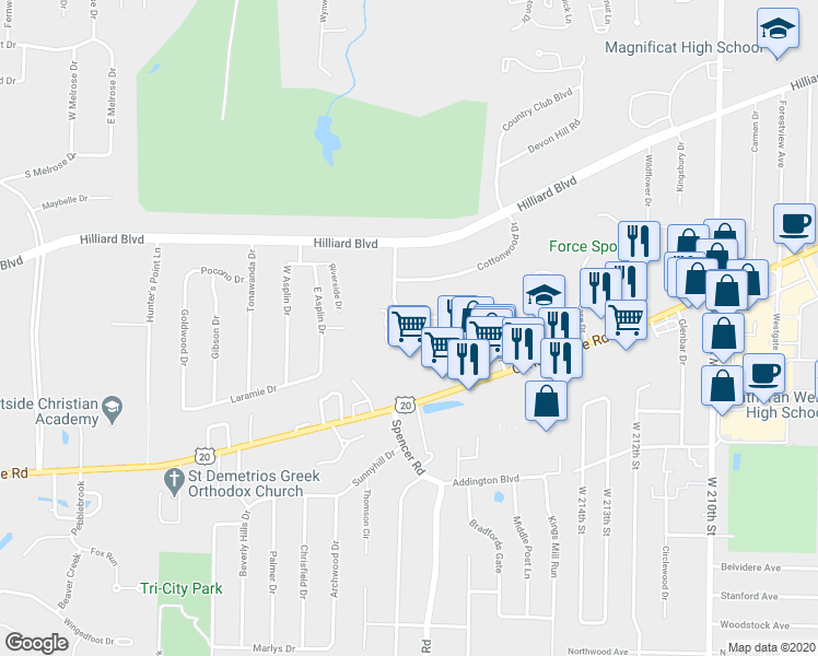 map of restaurants, bars, coffee shops, grocery stores, and more near 21980 Center Ridge Road in Rocky River