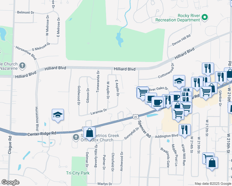 map of restaurants, bars, coffee shops, grocery stores, and more near 2774 East Asplin Drive in Rocky River