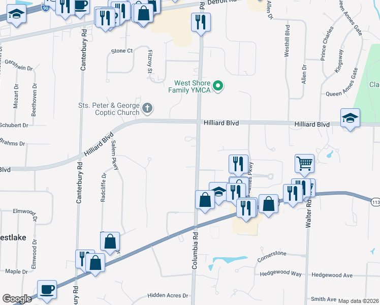 map of restaurants, bars, coffee shops, grocery stores, and more near 1900 Columbia Road in Westlake