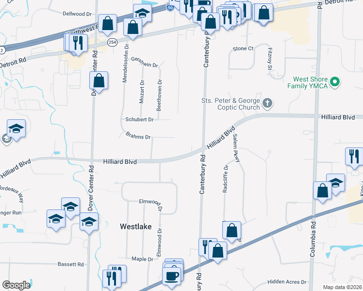 map of restaurants, bars, coffee shops, grocery stores, and more near 26345 Hilliard Boulevard in Westlake