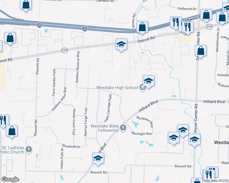 map of restaurants, bars, coffee shops, grocery stores, and more near 28001 Settlers Reserve Way in Westlake
