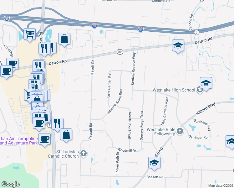 map of restaurants, bars, coffee shops, grocery stores, and more near 1833 Holdens Arbor Run in Westlake