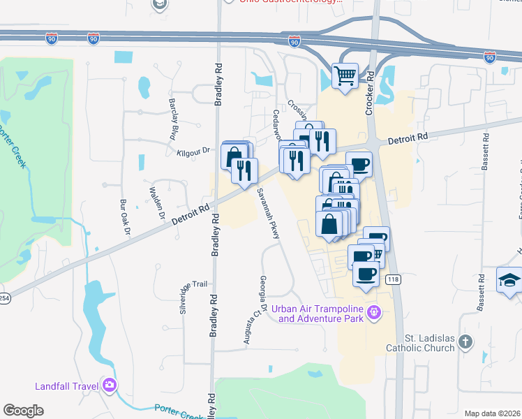 map of restaurants, bars, coffee shops, grocery stores, and more near 30733 Detroit Road in Westlake