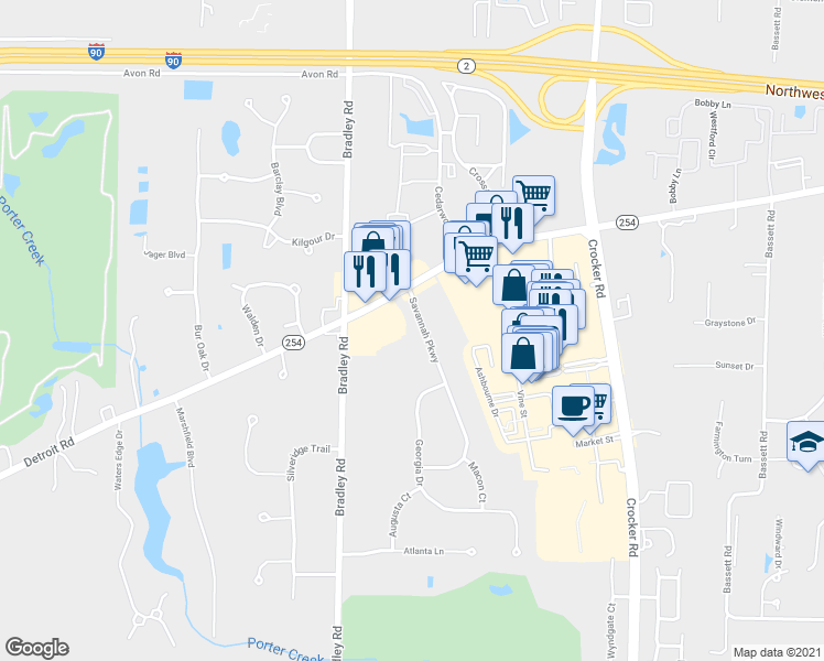 map of restaurants, bars, coffee shops, grocery stores, and more near 30733 Detroit Road in Westlake