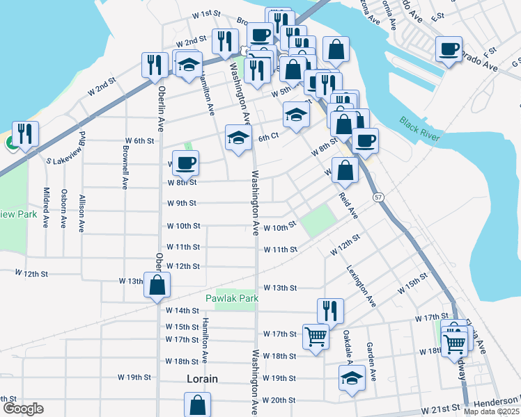 map of restaurants, bars, coffee shops, grocery stores, and more near 969 Washington Avenue in Lorain