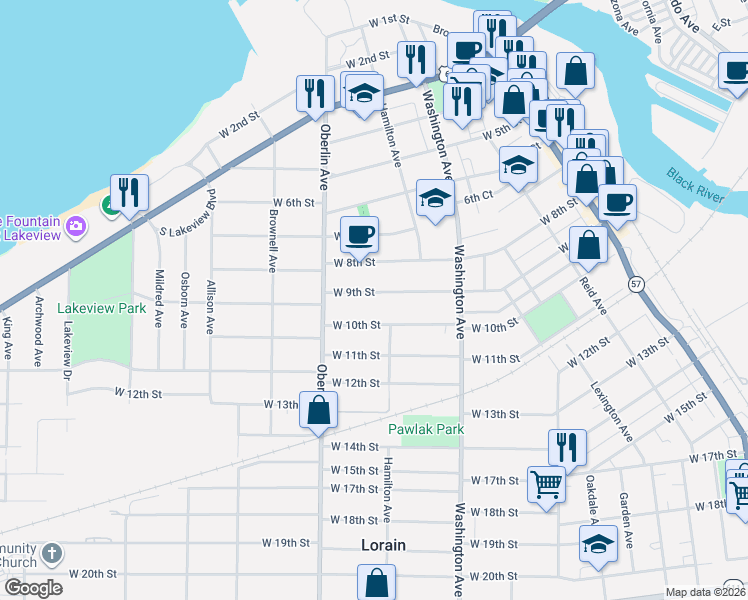 map of restaurants, bars, coffee shops, grocery stores, and more near 1130 West 10th Street in Lorain