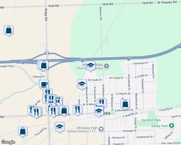 map of restaurants, bars, coffee shops, grocery stores, and more near 316 Massasoit Street in Minooka