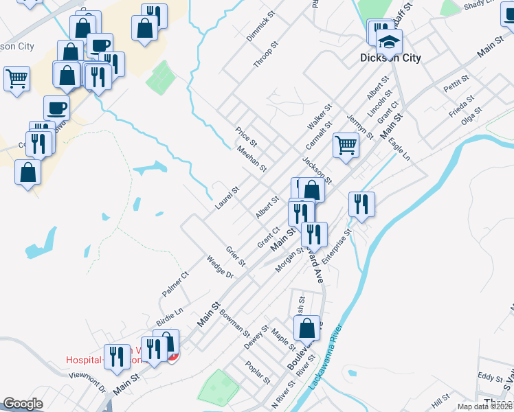 map of restaurants, bars, coffee shops, grocery stores, and more near 608 Hallstead Street in Dickson City