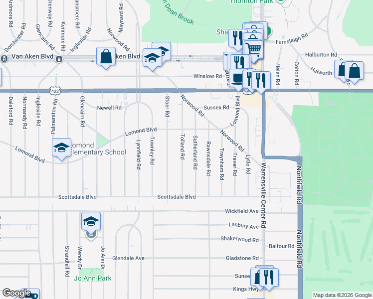 map of restaurants, bars, coffee shops, grocery stores, and more near 3661 Tolland Road in Shaker Heights