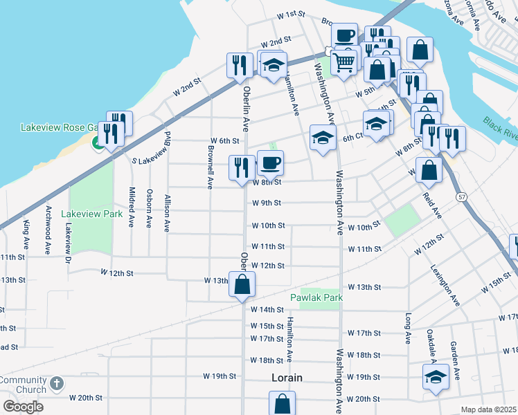 map of restaurants, bars, coffee shops, grocery stores, and more near 1141 West 9th Street in Lorain