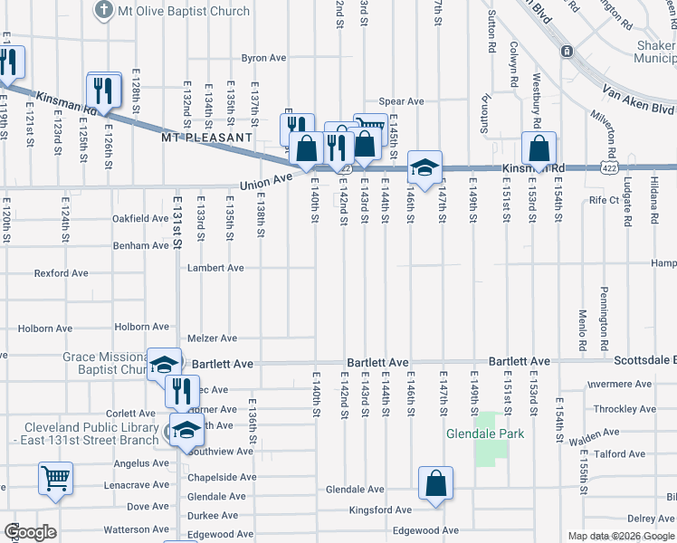 map of restaurants, bars, coffee shops, grocery stores, and more near 3656 East 142nd Street in Cleveland