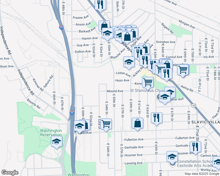 map of restaurants, bars, coffee shops, grocery stores, and more near 5405 Mound Avenue in Cleveland