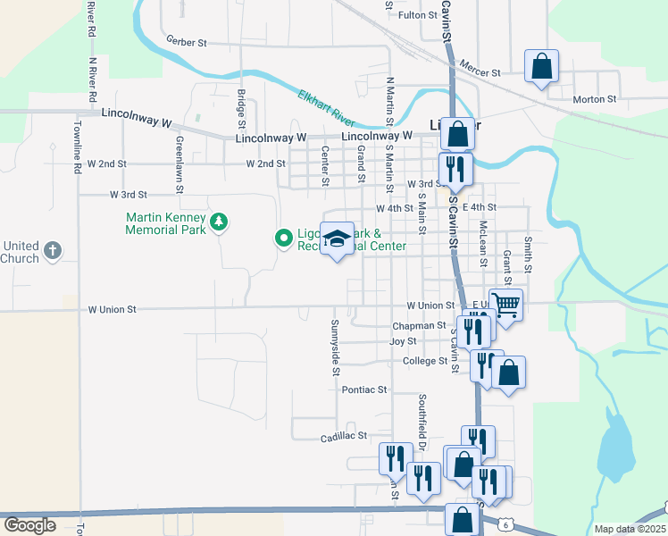 map of restaurants, bars, coffee shops, grocery stores, and more near 610 Grand Street in Ligonier
