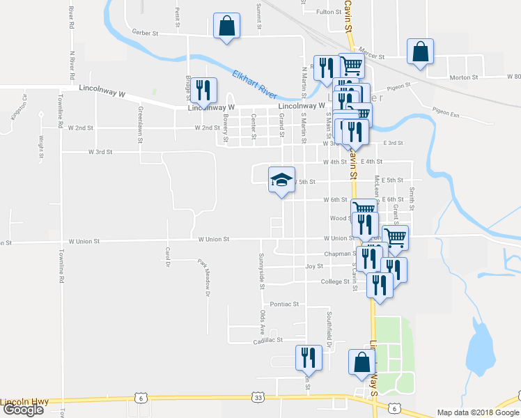 map of restaurants, bars, coffee shops, grocery stores, and more near 610 Grand Street in Ligonier