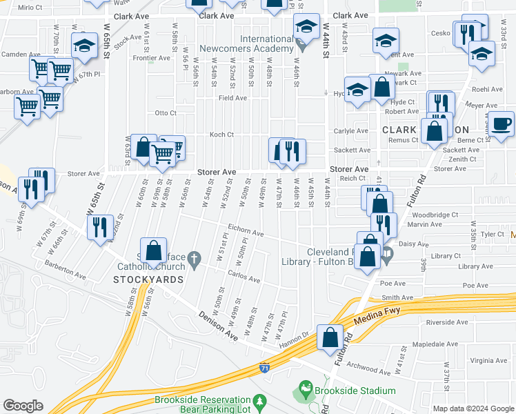 map of restaurants, bars, coffee shops, grocery stores, and more near 3440 West 49th Street in Cleveland