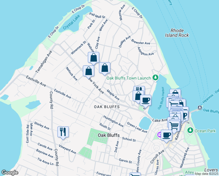 map of restaurants, bars, coffee shops, grocery stores, and more near 12 Elmwood Avenue in Oak Bluffs
