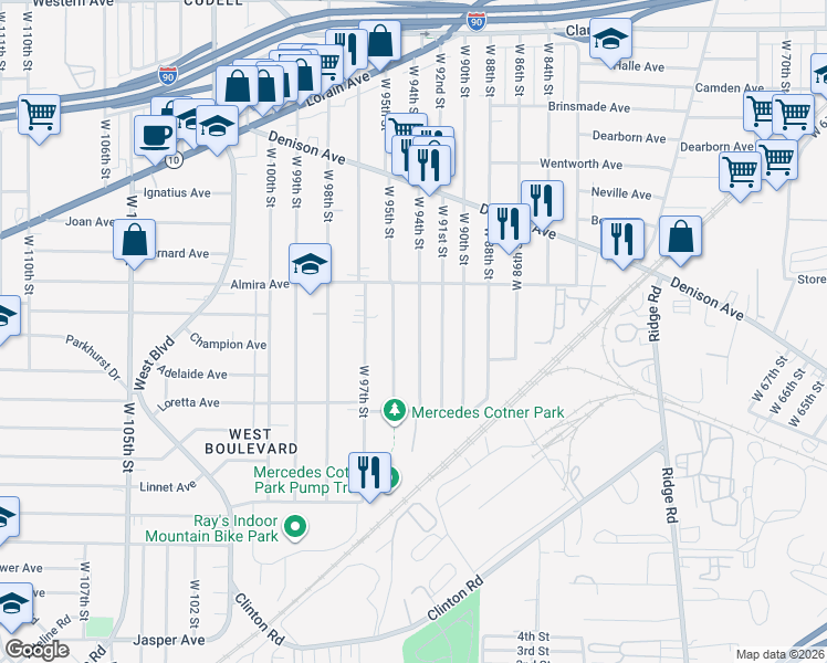 map of restaurants, bars, coffee shops, grocery stores, and more near 3385 West 95th Street in Cleveland