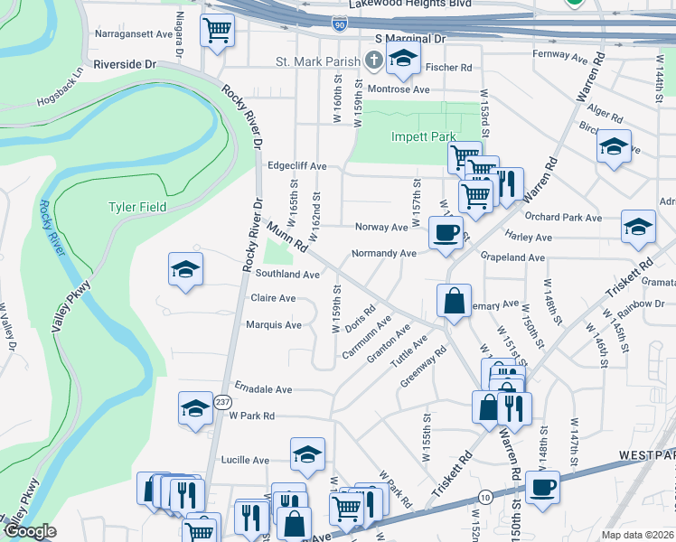 map of restaurants, bars, coffee shops, grocery stores, and more near West 159th Street in Cleveland