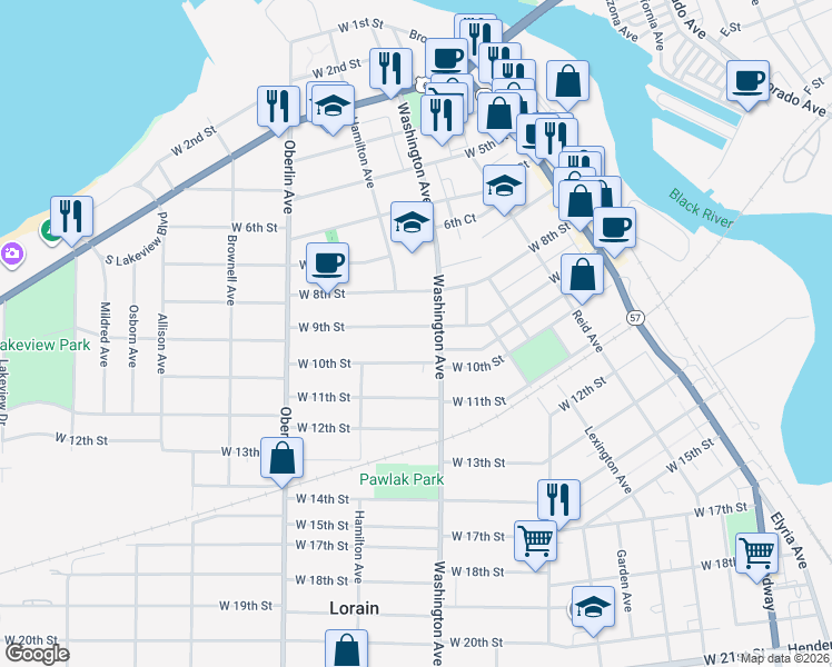 map of restaurants, bars, coffee shops, grocery stores, and more near 1030 West 9th Street in Lorain