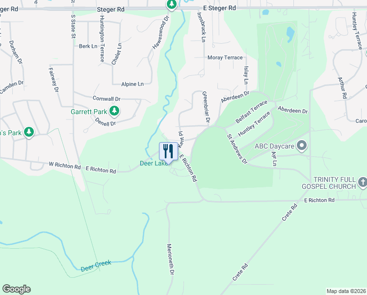 map of restaurants, bars, coffee shops, grocery stores, and more near 409 Surrey Lane in Crete