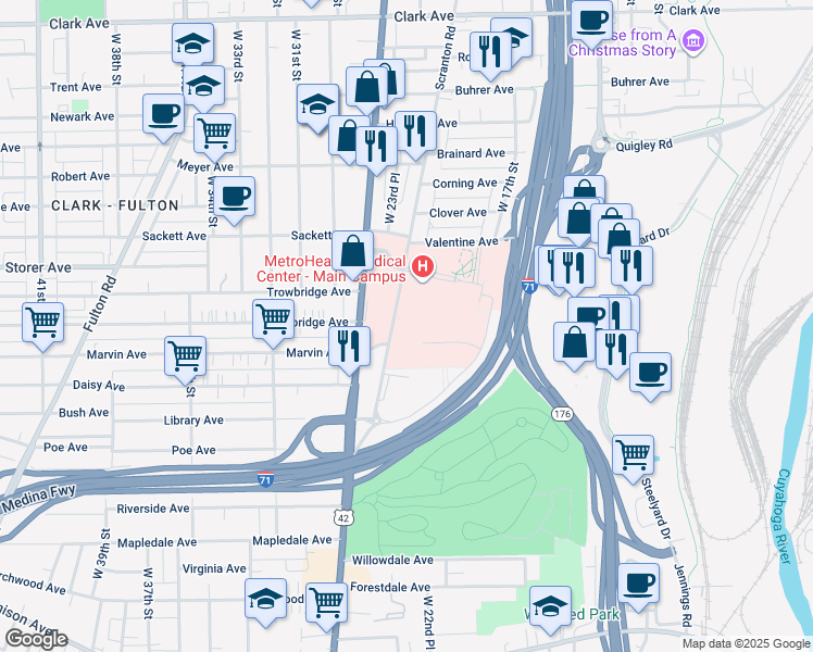 map of restaurants, bars, coffee shops, grocery stores, and more near 2500 Metrohealth Drive in Cleveland