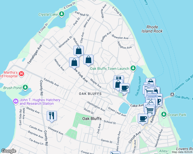 map of restaurants, bars, coffee shops, grocery stores, and more near 17 Elmwood Avenue in Oak Bluffs