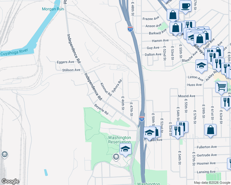map of restaurants, bars, coffee shops, grocery stores, and more near 3586 Sykora Road in Cleveland
