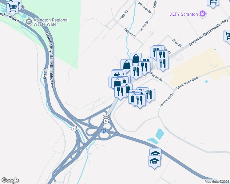 map of restaurants, bars, coffee shops, grocery stores, and more near 221 Scranton Carbondale Highway in Scranton