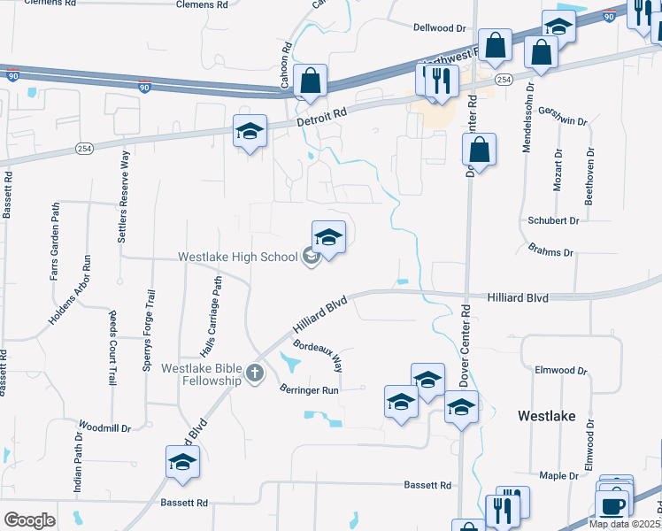 map of restaurants, bars, coffee shops, grocery stores, and more near 27830 Hilliard Boulevard in Westlake