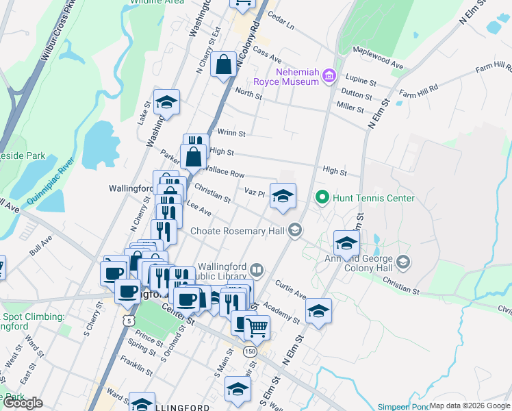 map of restaurants, bars, coffee shops, grocery stores, and more near 8 Vaz Place in Wallingford
