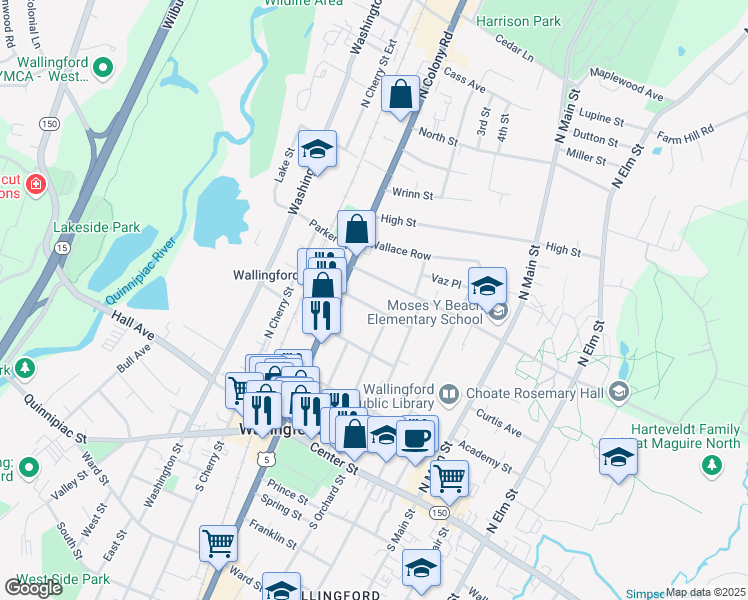 map of restaurants, bars, coffee shops, grocery stores, and more near 15 Christian Street in Wallingford