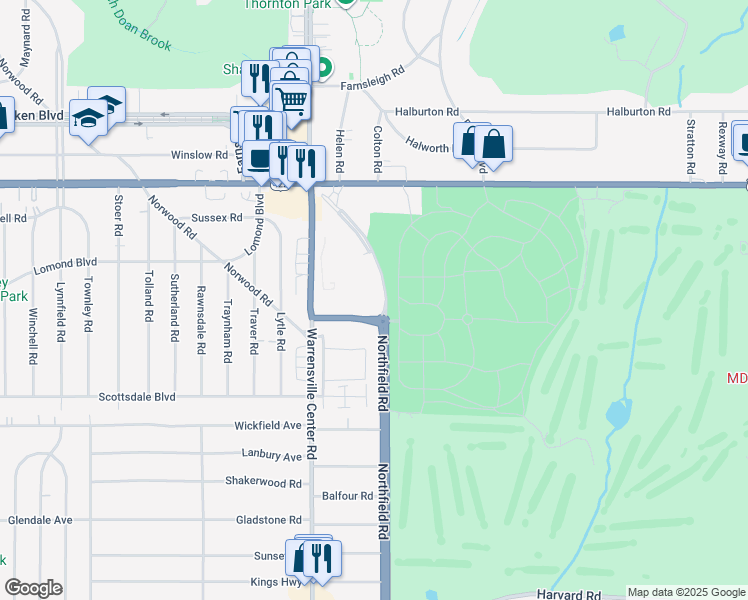 map of restaurants, bars, coffee shops, grocery stores, and more near 3605 Warrensville Center Road in Shaker Heights
