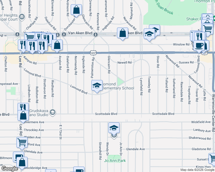 map of restaurants, bars, coffee shops, grocery stores, and more near 3606 Glencairn Road in Shaker Heights