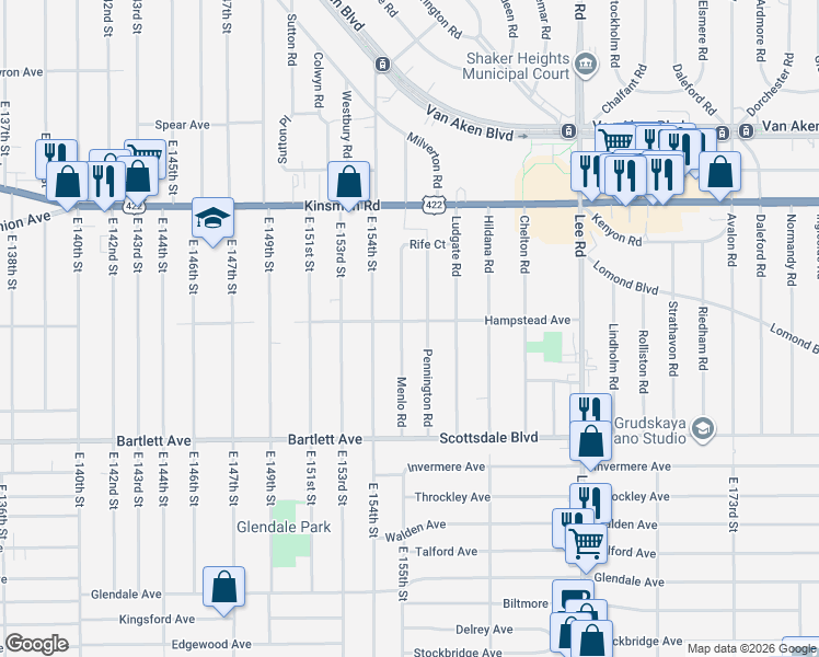 map of restaurants, bars, coffee shops, grocery stores, and more near 3600 Pennington Road in Shaker Heights
