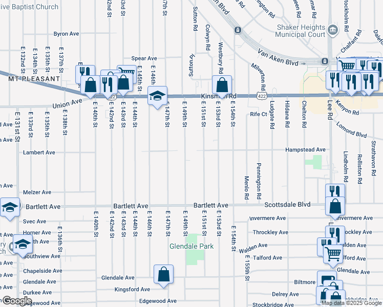 map of restaurants, bars, coffee shops, grocery stores, and more near 3602 East 151st Street in Cleveland