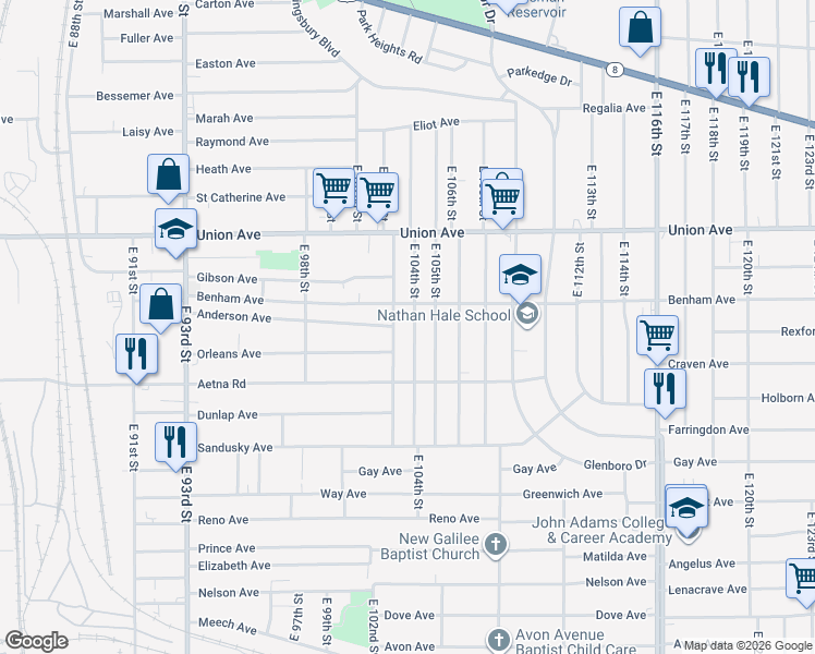 map of restaurants, bars, coffee shops, grocery stores, and more near 3576 East 105th Street in Cleveland