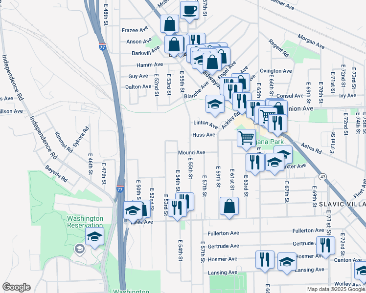 map of restaurants, bars, coffee shops, grocery stores, and more near 5607 Huss Avenue in Cleveland