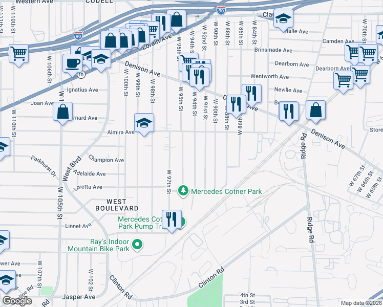 map of restaurants, bars, coffee shops, grocery stores, and more near 3385 West 95th Street in Cleveland
