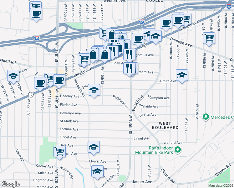 map of restaurants, bars, coffee shops, grocery stores, and more near 10702 Fidelity Avenue in Cleveland